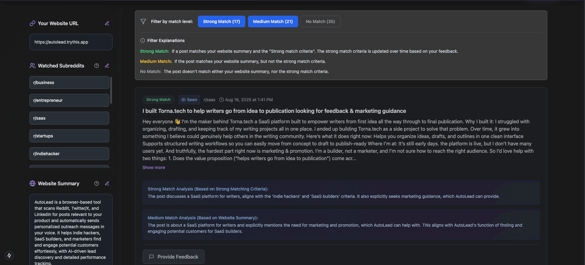 AutoLead dashboard showing Reddit posts matched to your product